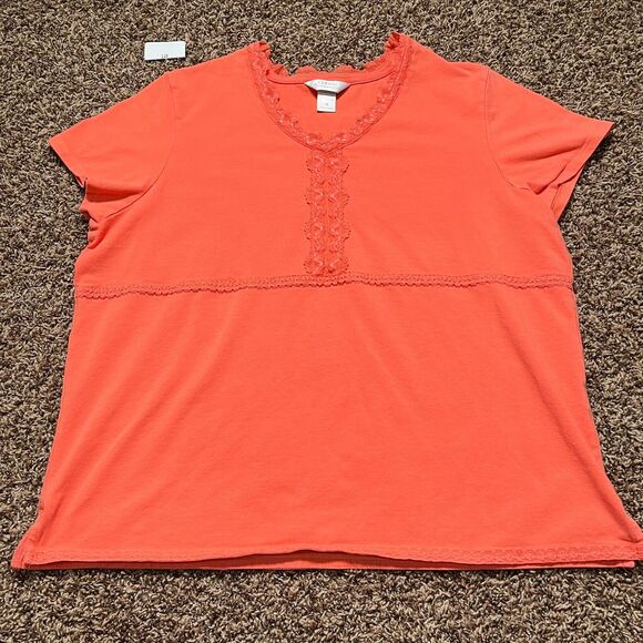 CJ Banks Tops - CJ Banks Womens Blouse Shirt V Neck Coral Orange Floral Lace Short Sleeve 1X